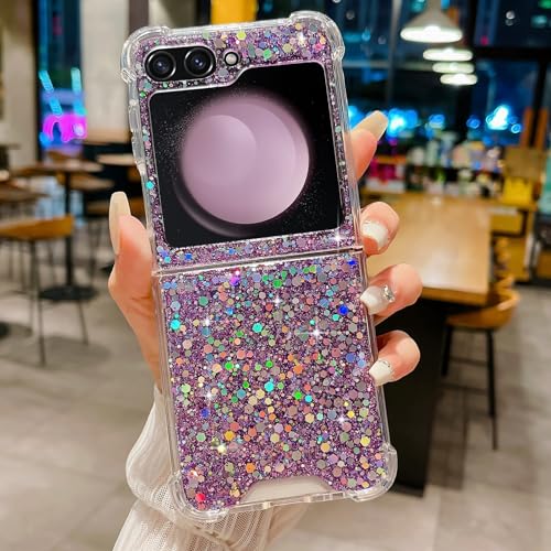 LCHULLE for Samsung Galaxy Z Flip 5 Case Bling Glitter for Girls Women Cute Shiny Sparkle Sequin Stars, Soft Silicone Four-Corner Shockproof Cover Protective Phone Case for Samsung Z Flip 5 5G(Purple)