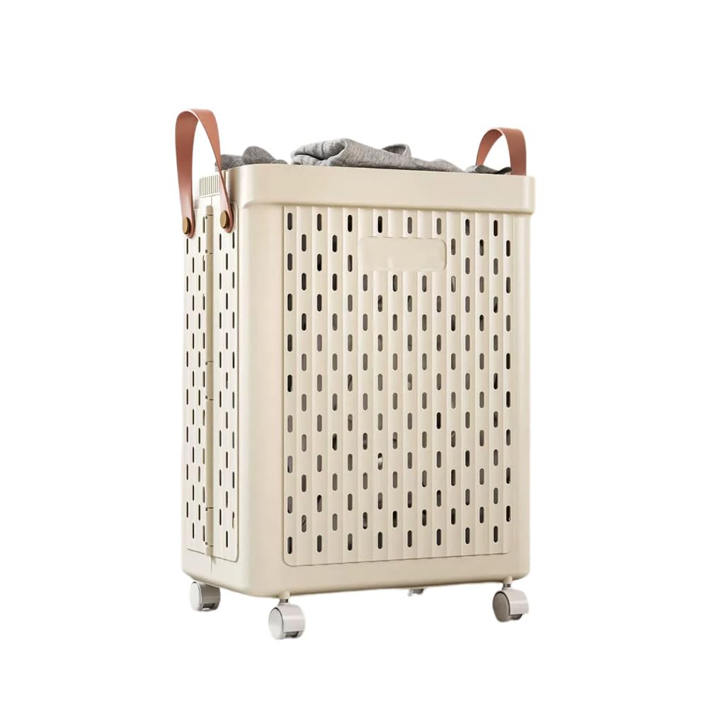 HRGKLMN Foldable laundry basket with practical carrying handles, breathable washing basket with wheels, sturdy laundry hamper organizer for bathroom, bedroom, household,Beige,L