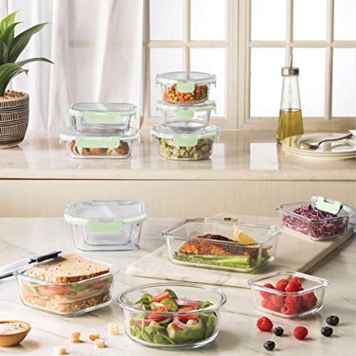 FineDine 24 Piece Glass Storage Containers with Lids - Airtight, Leak Proof, Dishwasher Safe, Glass Food Storage, Food Storage Containers, Meal Prep Containers, Green