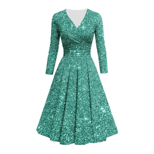 Damen Langarm Wickelkleid V-Ausschnitt Blingbling Glitzer Print Maxikleider Casual Party Flowy Plissee Kleid, mintgrün, M