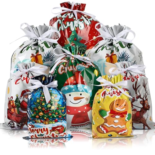 AURUZA 20PCS Christmas Drawstring Gift Bags - Assorted Sizes from Small to Jumbo with Colorful Designs & Tags Ideal for Holiday Wrapping & Decorations Party Favors