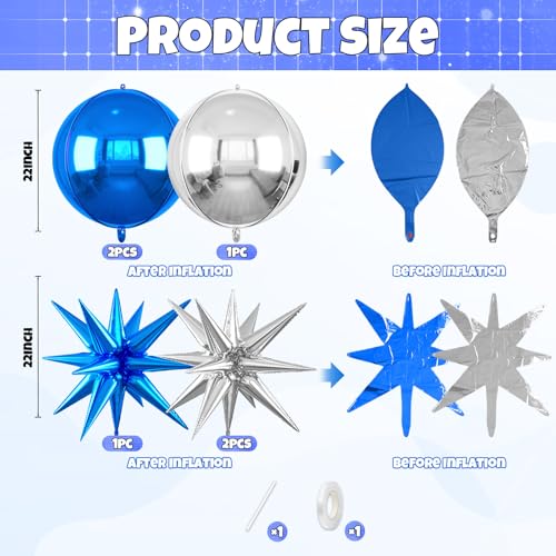 Image of 6pcs 22 inch Blue Silver Star Balloons and 4D Large Foil Balloons, Silver Dark Blue Star Balloon 4D Foil Aluminum Balloon For Birthday Baby Shower Graduation Father's Day Party Wedding Anniversary
