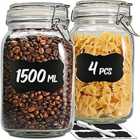 4 Tarros de Cristal Herméticos 1,5l con Etiquetas, Rotulador y Juntas de Repuesto Cover