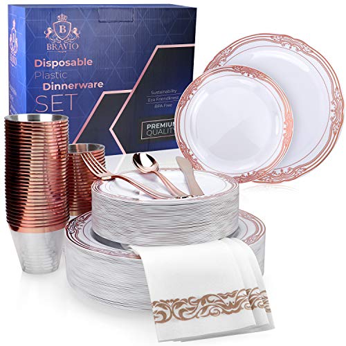 50 Guest 350 Piece Dinnerware Set for Celebrations - 50 Disposable Rose Gold