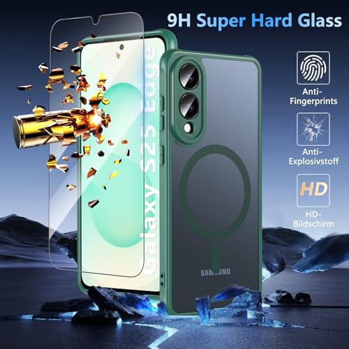 Image of OWKEY for Samsung Galaxy S25 Edge Case 6.7'', Magnetic S25 Edge Case for Magsafe with Tempered Glass Screen, [Shockproof Military] Translucent Back Slim Bumper Cover Phone Case Galaxy s25 Edge, Green