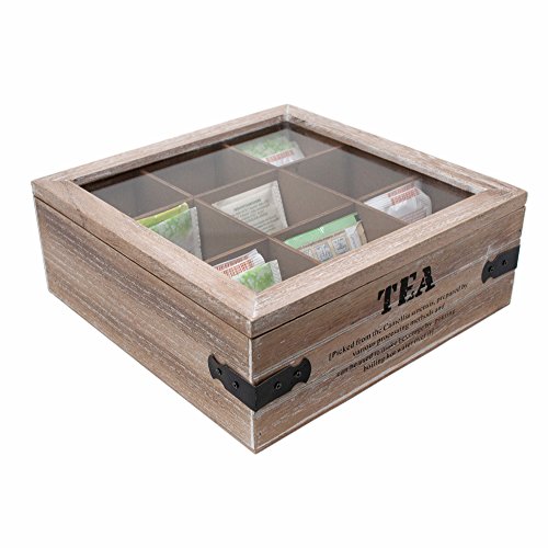 ToCi – Caja de té grandes, 24 x 24 x 8,5 cm (l x an x al), con 9 compartimentos para bolsas de té, caja de madera con tapa, diseño retro - Imagen 3