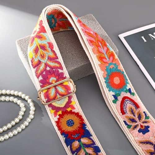 Image of Wide Purse straps Crochet Flower replacement crossbody for Handbag Adjustable Embroidery Knit Guitar Shoulder strap