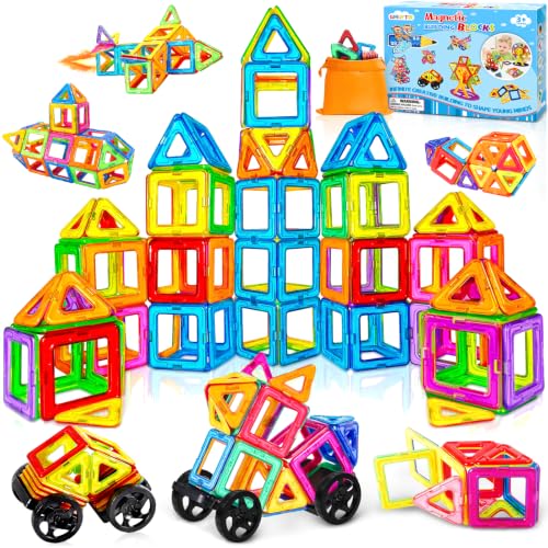 GMUFTIR Blocs de Construction Magnétiques, 66 Pièces Construction Magnetique Enfant avec 4 Voitures, Blocs Magnétiques, Jouets de Construction Montessori pour Garçons et Filles de 3+ Ans