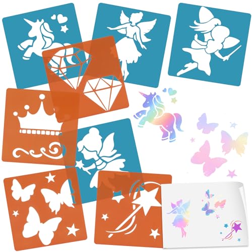 Schablonen Malen für Kinder, 8 Stück Airbrush Schablonen Set 15x15cm Kinder Kreatives Zeichenschablonen, Kunststoff Wiederverwendbar Malschablone DIY Handwerk, Papier Wand Holz Stoff (Einhörner)