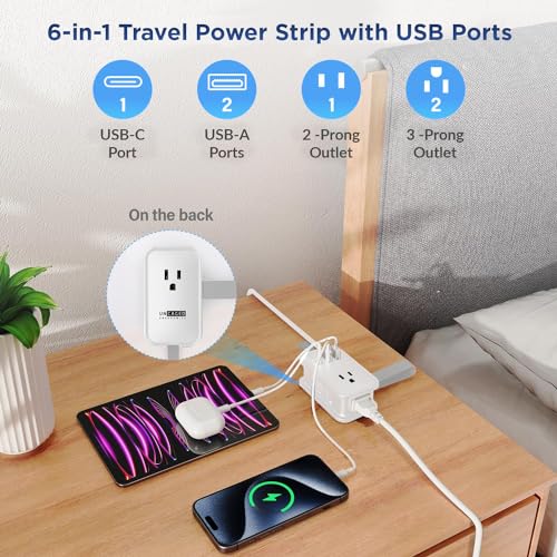 Image of Travel Charger for Multiple Devices, Flat Plug Power Strip 3ft Adapter Extension Cord, 3 AC Outlets, 2 USB & 1 Fast Charging USB-C, No Surge Cruise Approved, Portable Power Strip