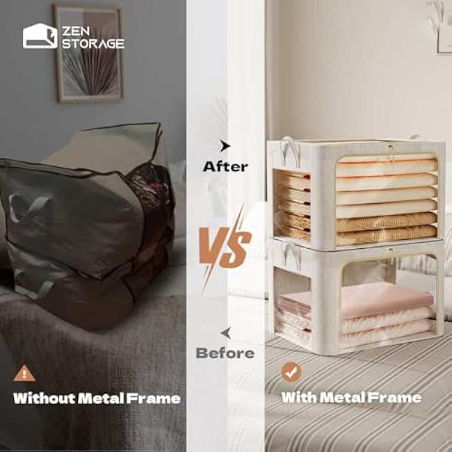 3Pack 60L Large Cloth Storage Bins with Metal Frame, Linen Storage Box with Clear Window, Stackable Sweater Storage for Closet, Clothes Containers for Comforters, Blankets, Quilts, T-shirt