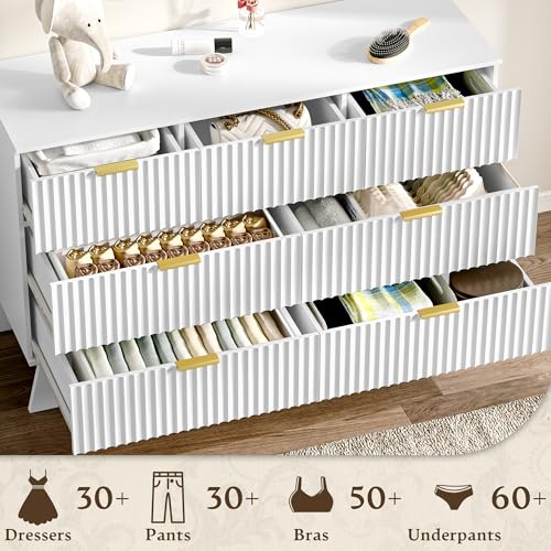 Image of HUANLEGO 48 inch W Fluted Dresser for Bedroom with 7 Drawers, White | Mid Century Modern Dressers & Chest of Drawers, Boho Dresser for Closet, 7 Drawer Storage TV Stand for Bedroom