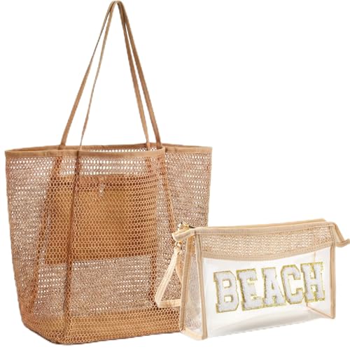 Image of Aliceset 2 Pack Crochet Mesh Beach Tote Bag with Letter Patch Pocket Summer Beach Tote Bohemian Straw Transparent Bag