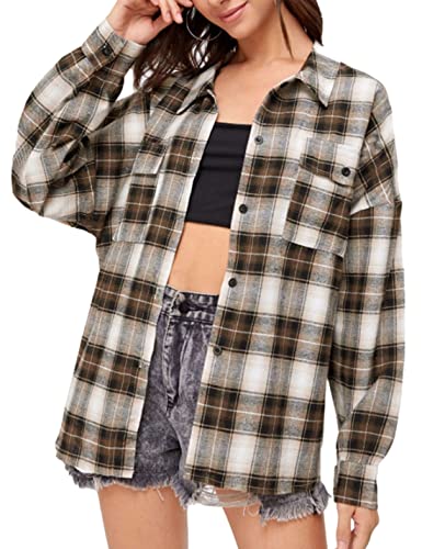 Image of HangNiFang Womens Flannel Plaid Shirts Oversized Button Shirts Blouse Tops