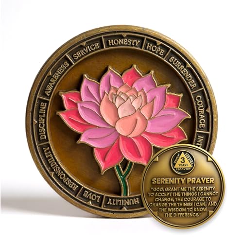 3 Year Sobriety Coin, Lotus Serenity Prayer Medallion for Recovery, AA Coins and Medallions, Sobriety Coins and Sobriety Chips, Sobriety Gifts for Women and Men, One Day at a Time Gifts