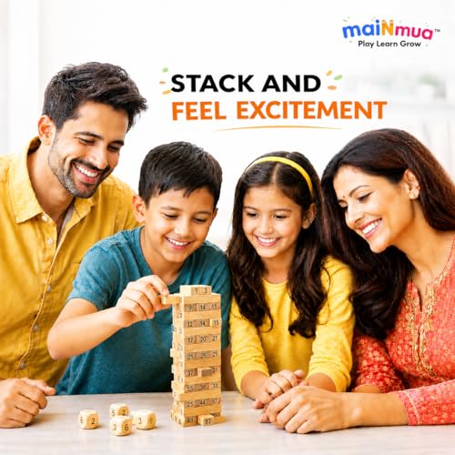 Image of Wooden Tumbling Tower Number Game Blocks Set 54 PCS- Mini Stacking tower for Indoor Stacking & Balancing Play,Building Block,Party Game,Brain Teaser-4 Dices (Medium with Premium Potli /Storage bag)
