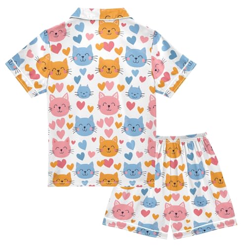 ALAZA Cartoon Cat Love Heart Satin Pajamas Set Short Sleeve Button Down Sleepwear Summer Pjs 2 Piece2