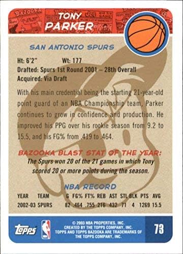 Miniatura 2 de 2003-04 Topps Bazooka Parallel #73 Tony Parker NBA Basketball Trading Card