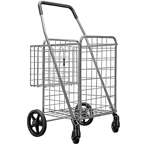 Folding Shopping Cart with 360-Degree Swivel Wheels, Silver (Double Basket) Cover