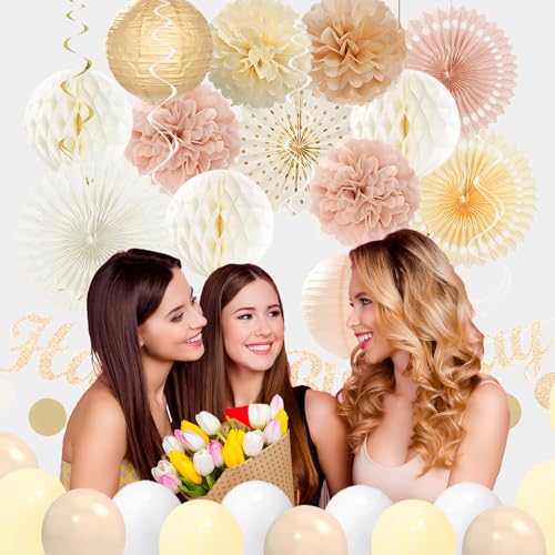 Image of Champagne-Gold Birthday Decorations for Women Girls,Pre-Strung Happy Birthday Banner,Boho Peach Pink Paper Lanterns Tissue Pom Poms Fan,Cream White Balloons,Girl Woman Party Backdrop Supplies