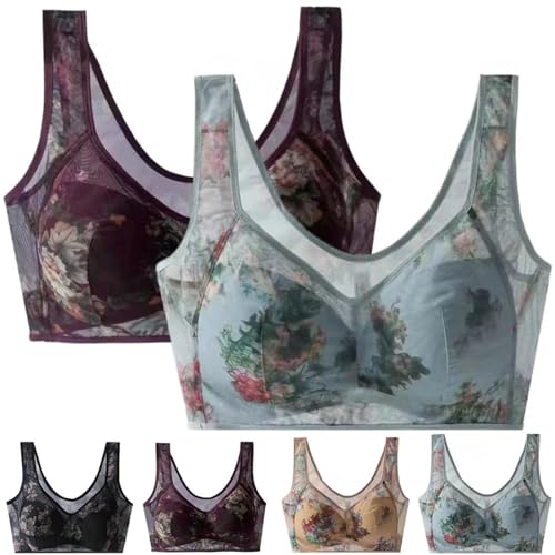 DAMYTION ElleBloom - Ice Silk Lace Kühlender Komfort-BH, Knopfloser Komfort-BH, Nahtloser Drahtloser Push-Up-BHs für ältere Menschen, 2 Stück, A, XXX-Large