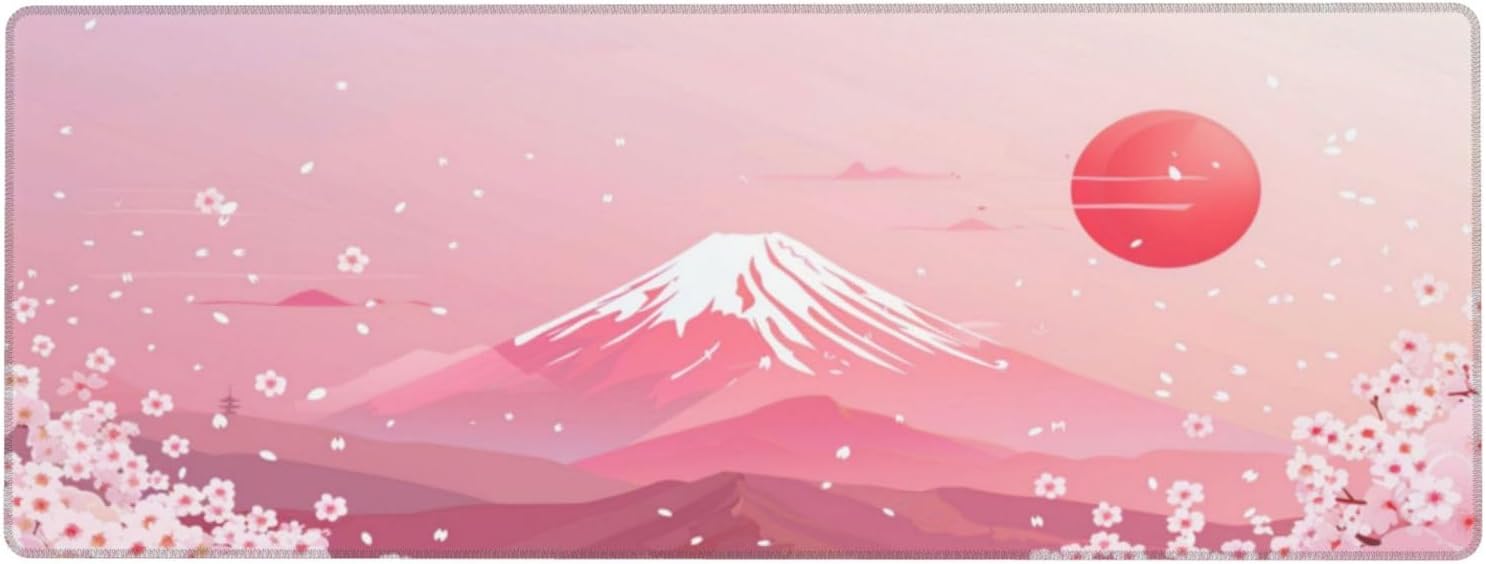 Pink Large Mousepad 31.5×12in with Cherry Blossom Mount Fuji Pattern Extended Gaming Mouse Pad Mouse Mat Large Desk Mat Pad Keyboard Mousepad with Non-Slip Base and Stitched Edge Mouse Pads for Desk
