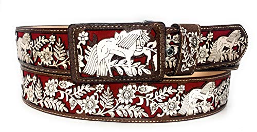 Men's Authentic Western Charro Horse Belt, Cinto Charro Vaquero Fino (Brown/Red, 34)