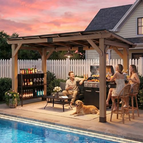 CHARMELEON Grill Gazebo 6 x 12 FT with Storage Cabinet & Bar Counter&Grill Tool Hooks,Cedar Wood BBQ Gazebo,Permanent Patio Pavilion with Galvanized Steel Roof for Outdoor,Backyard,Garden,Deck-Gray