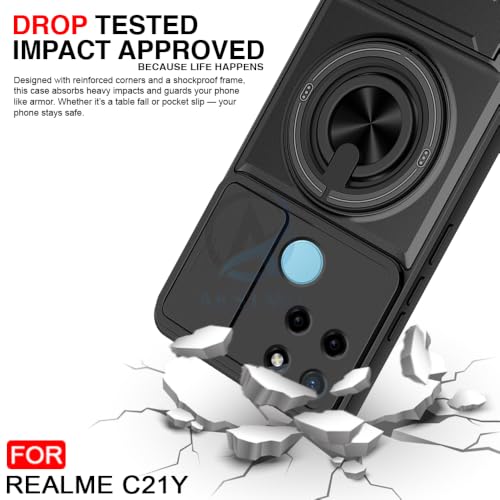 Image of AESTMO Realme C21Y Back Cover | Armor Camera Slider 360 Degree Rotating Finger Ring Holder Case with Bracket Stand Back Case Cover (Compatible with MagSafe Accessories) (Black)