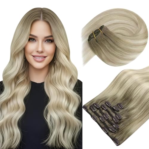 Image of Sunny Hair Clip in Hair Extensions Real Human Hair Blonde Ombre 135g | 16 Inch Remy Hair Clip in Extensions Blonde Ombre Balayage for Fullness and Balanced Ends for Date Night Hair Natural Look