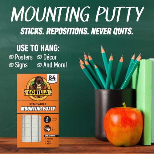 Image of Gorilla Mounting Putty, Natural Tan Color, 84 Pre-Cut Squares | Reusable & Repositionable Adhesive, Holds 2 lbs Back to School Supplies for Teachers Students Parents, Indoor Outdoor