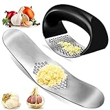2Pcs Prensa de Ajos de Acero Inoxidable,Cortador de Ajos de Acero Inoxidable Trituradora de Ajo Rocker Gralic Press Con función de abrebotellas,para Cebolla y Ajo Cocina Casera Fácil de Limpiar
