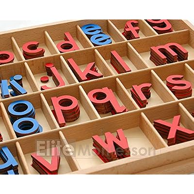 Elite Montessori Wooden Movable Alphabet with Box Preschool Spelling Learning Materials (Red & Blue, 5mm Thick)