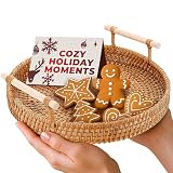 Rattan Tray 8.7-Inch Round – Woven Serving Basket with Handles – Holidays Romantic Decorative Tray for Coffee Table, Bread, Fruit, Vegetables, Restaurant & Home Use Charming Valentines Day Table Decor