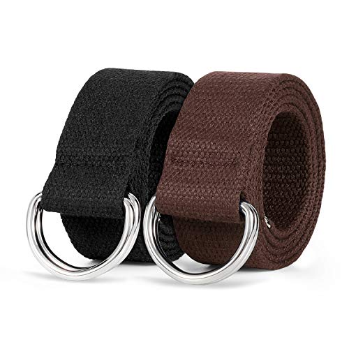 LEACOOLKEY Men Women Double D Ring Canvas Belt with Sliver Buckle Casual Web Fabric Belts Military Belt for Men