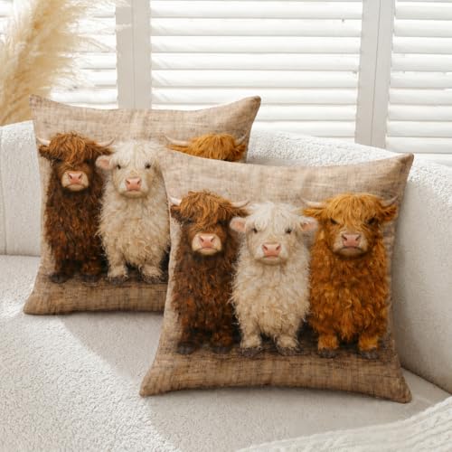Image of Gemdoit Cushion Covers 45 x 45 – Pack of 2 Super Soft Sofa Covers with Invisible Zipper, Square Decorative Highland Cow Trio Print Throw Pillows for Living Room, 18 x 18 Inch