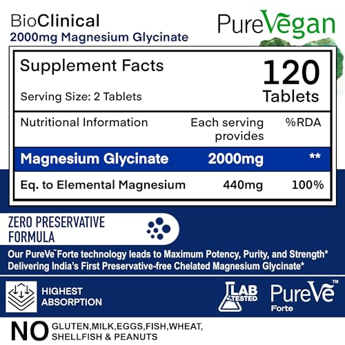 Image of BioClinical Magnesium Glycinate Supplement 2000mg 120 Veg Tablets -High Absorption Chelated Magnesium Supplement Supports in Muscle Recovery, Sleep & Nerve Health for Men & Women -Zero Preservatives