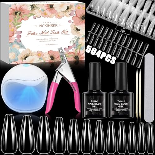 AGOVXTI Capsule Americaine Ongle Kit, 504 Pièces Ongle Pose Americaine, Faux Ongles Capsules Ongles Americaine avec Mini Lampe UV Ongle, Colle Faux Ongles, Coupe...