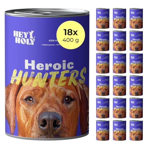 HEY HOLY Premium Nassfutter für große Jagdhunde 100% getreidefrei | 18x 400g Hundefutter für ausgewachsene große Jagdhunde mit Ente | Hochverträglich aus natürlichen Zutaten
