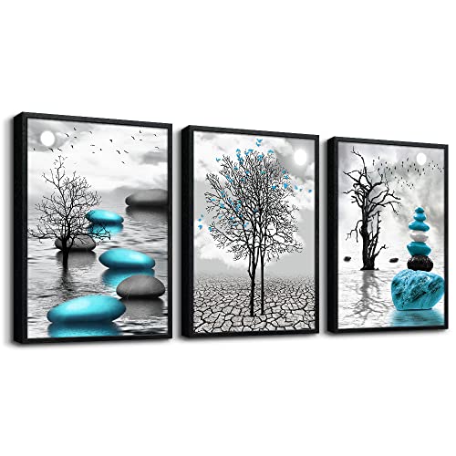 Black Framed Canvas Wall Art for Living Room Wall Decor for Bedroom Blue Abstract Wall Pictures Bathroom Black and White Paintings Office Decoration Modern Home Decor 3 Piece Framed Art Prints