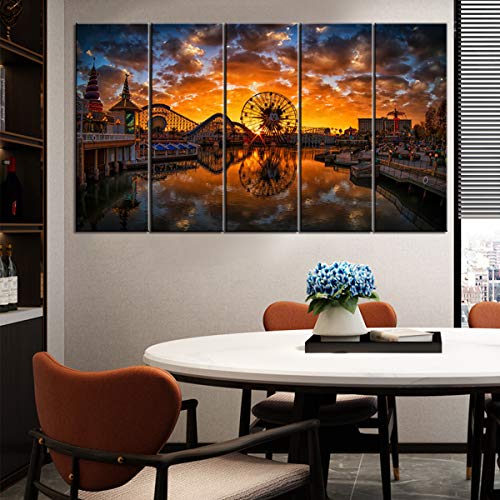 Disney Wall Art For Living Room Disneyland Canvas Wall Decor Bedroom Picture Modern Artworks Anime Posters Disney Castle Park Ferris Wheel Panoramic Sunset Painting Office Home Decoration 12X32" 5 Pcs #TOP3