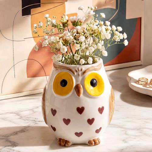 Potchen Ceramic Owl Vase for Home Decor Funny Animal Flower Vase for Living Room Shelf Table Farmhouse Rustic Decor Unique Gift for Animal Lovers Housewarming Birthday Back to School