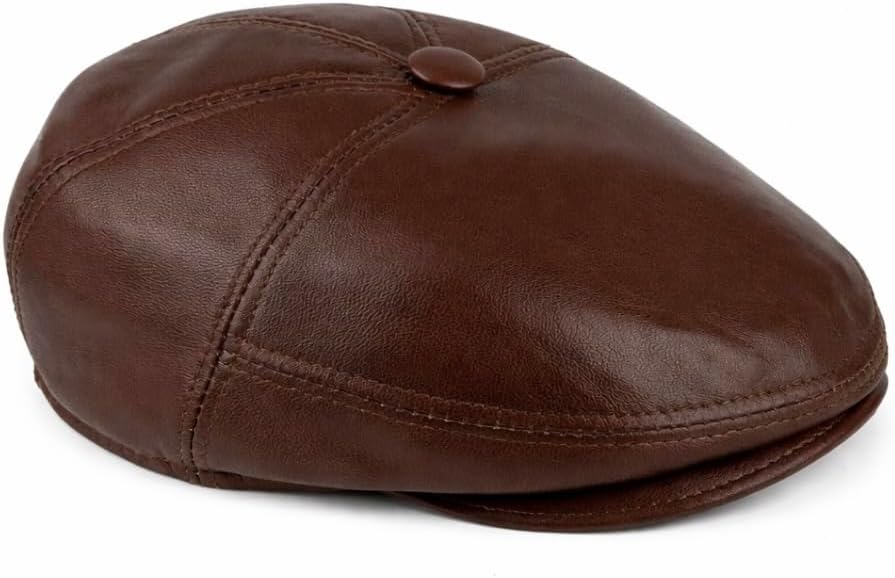 Men’s Genuine Leather Flat Cap Brown 5 Panel Ivy Driver Hat, Vintage Cabbie Gatsby Style, Peaky Blinders Golf Newsboy