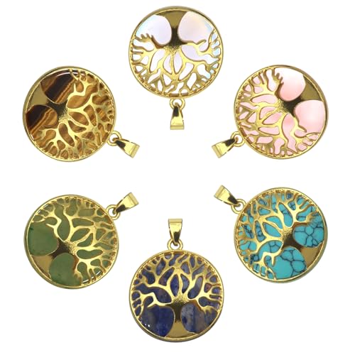 TOAOB 6 Piezas Colgantes de Árbol de La Vida con Piedras Naturales de 25 mm de Colores Dorados Colgantes para Collares Accesorios de Joyas Llaveros