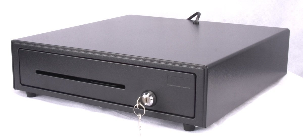 Geldlade iQCash410 mm – RJ11/RJ12 Kassenschublade aus Metall mit 4 Scheinfächern, 8 Münzfächern, 2 Schlüsseln – Schwarz, Kassenlade, Geldschublade