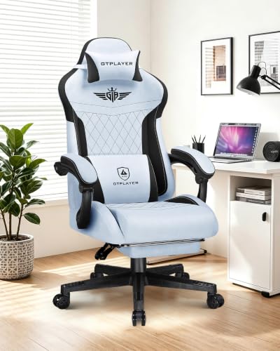 Image of GTPLAYER Gaming Chair with Footrest, Big and Tall Game Chair High Back Computer Office Chair with Lumbar Support for Adults, Ergonomic Swivel Games Chair with Cushion Gaming, Fabric Light Blue