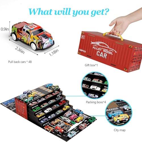 Image of 48 PCS Toy Cars Set for Kids with Storage Container Box, Pull Back Mini Racing Cars Collection, Die Cast Alloy Vehicle Toy Set for Boys and Girls Birthday Return Gifts Party Favors