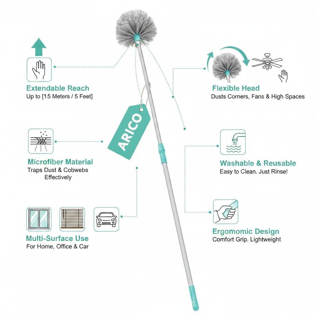 ARICO JALA Broom Cobweb Brush with Extendable Handle Featuring Long Handle for Ceiling and Roof Cleaning Dusting Brush | Soft Bristles for Gentle Yet Effective Dusting | Stainless Steel 1
