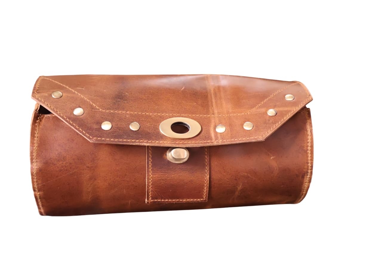 american blue Borsa da moto vintage, in vera pelle di capra, con fibbia a 2 cinghie e chiusura rapida, borsa porta attrezzi marrone, rinforzata, per manubrio, forcelle, borsa da bicicletta (motivo 21)