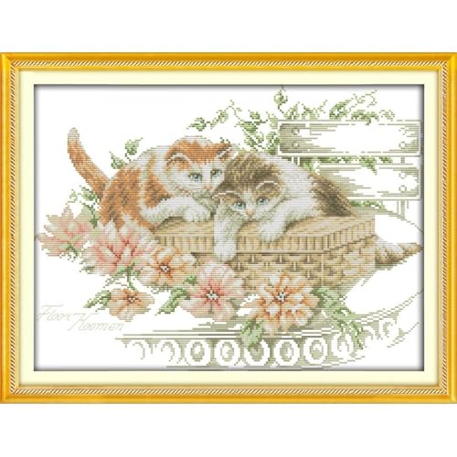 Image of JOYSEWING Kittens Stamped Cross Stitch Kits, 11CT Printed Patterns Counted Cross Stitch for Beginners, Embroidery Needlepoint Kits DIY Craft kit Home Decor - Flowers and Cats (Printed) 22x16.9inch